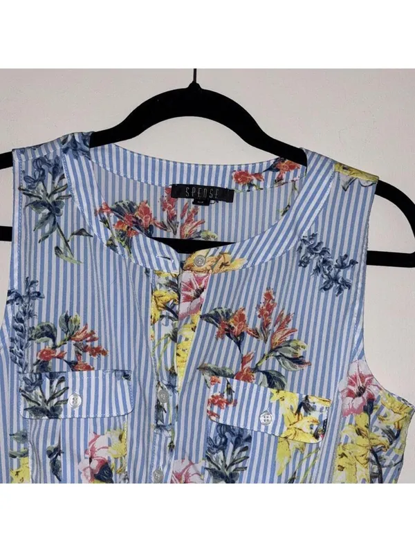 Spense Floral Blue and White Striped Jumpsuit Belt Loops and Pockets Vacation - Image 2