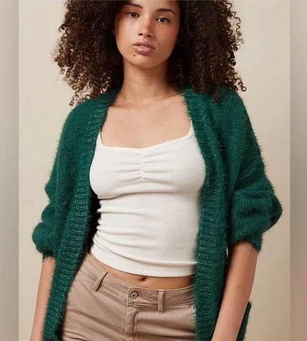 American Eagle 🦅 OH Whoa So Cozy Fuzzy Cardigan Green - Image 3