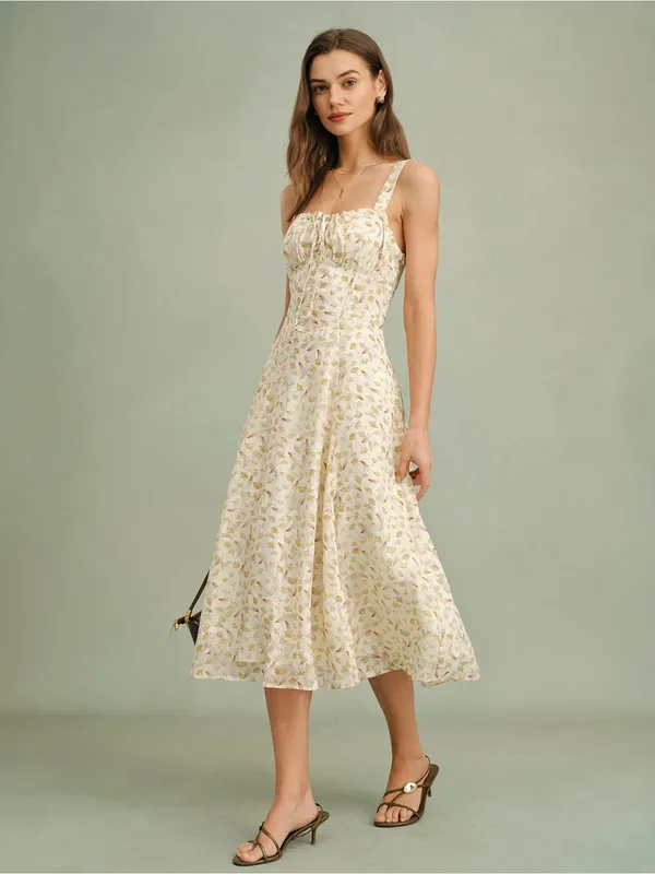 Rihoas Apricot Floral Zipper Slip Midi Dress - Image 4