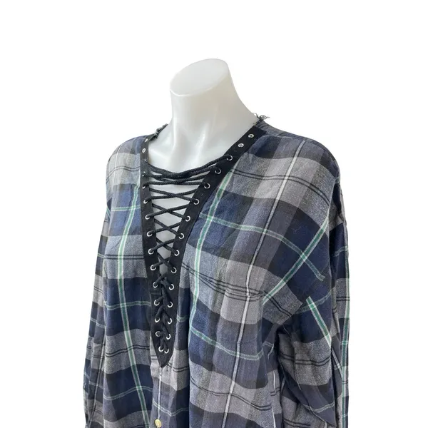 Furst of a Kind Plaid Check Flannel Long Sleeve V Neck Lace Up Shirt Top Sz L/XL - Image 3