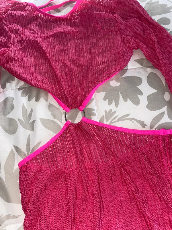 SheIn Pink Long Sleeve Open Back Beach Cover Up - Image 2