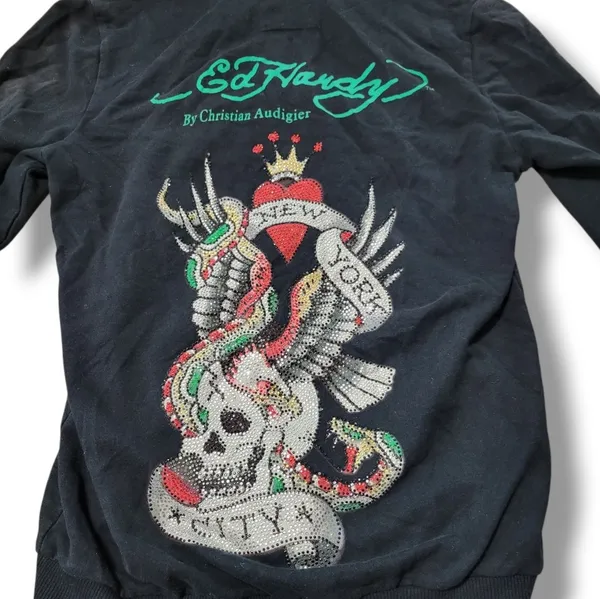 Y2k Vintage Ed Hardy Sweatshirt Small Zip Up Hoodie NYC Skull Eagle Snake Fading Faded Discoloration - Image 8