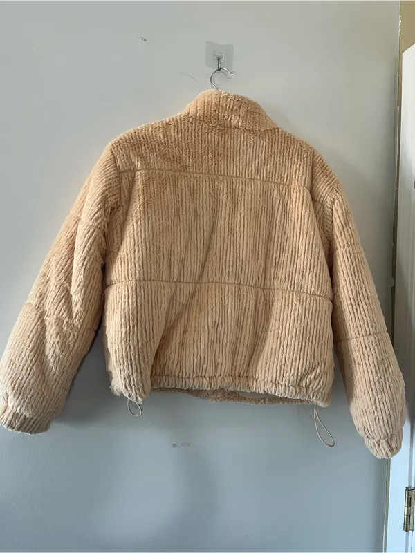 Forever 21 Cream Yellow Teddy Plush Zip Up Jacket Medium Cozy Winter Neutral - Image 7