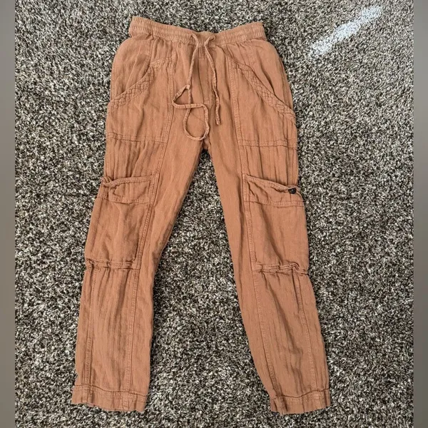 Free People Feel Good‎ Utility Pull On Pants Sz XS Boho Linen Gauzy Brown - Image 2