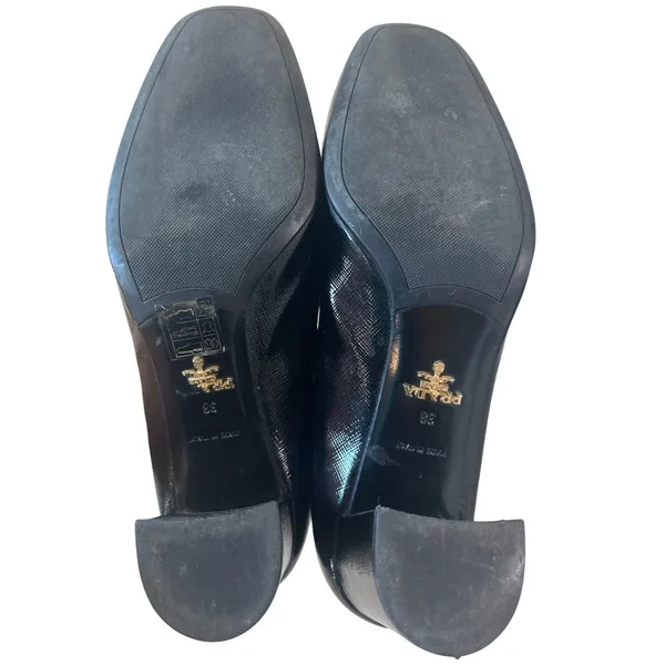 Prada Saffiano Vernice Square Toe Buckle Block Heel Pumps Black EU 38 US 8 - Image 6