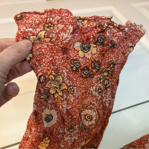 Nicole Miller Floral Boho Blouse Rust Orange Ruffle Hem 3/4 Sleeve Large - Image 2