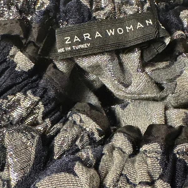Zara Woman Navy Silver Floral Jacquard Metallic Mini Skirt Elastic Waist Size‎ M - Image 3