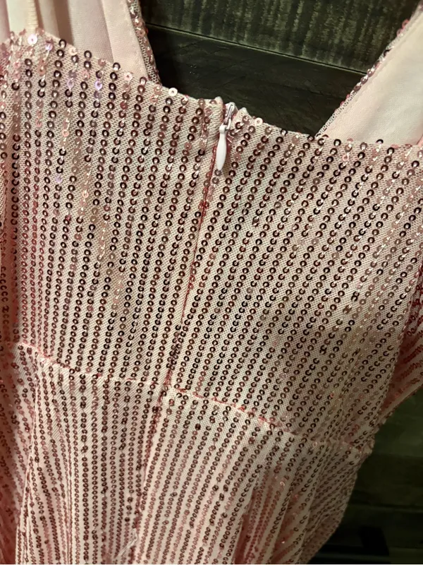 Pink Sequin Draped Cocktail Dress - Image 4