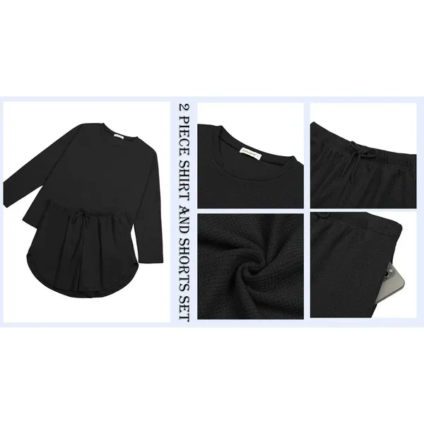 Fantaslook Womens Pajama Set Size L Black Waffle Knit Loungewear Top and Shorts - Image 7