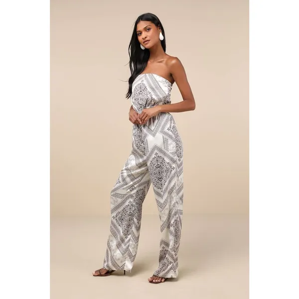 NWT Lulus Western Direction Ivory Scarf Print Satin Strapless Jumpsuit Cruise L - Image 8