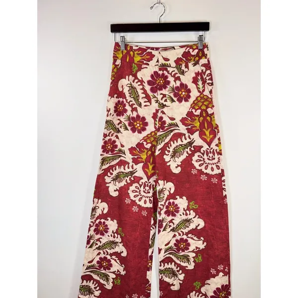 ZARA Womens Pants Red Floral Wide Leg Linen Blend Pleated Trouser Boho Small - Image 6