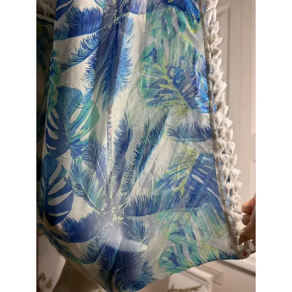 SHEIN Blue White Tropical Floral Sheer Tassel Beach Cover Up Size Large - Image 8