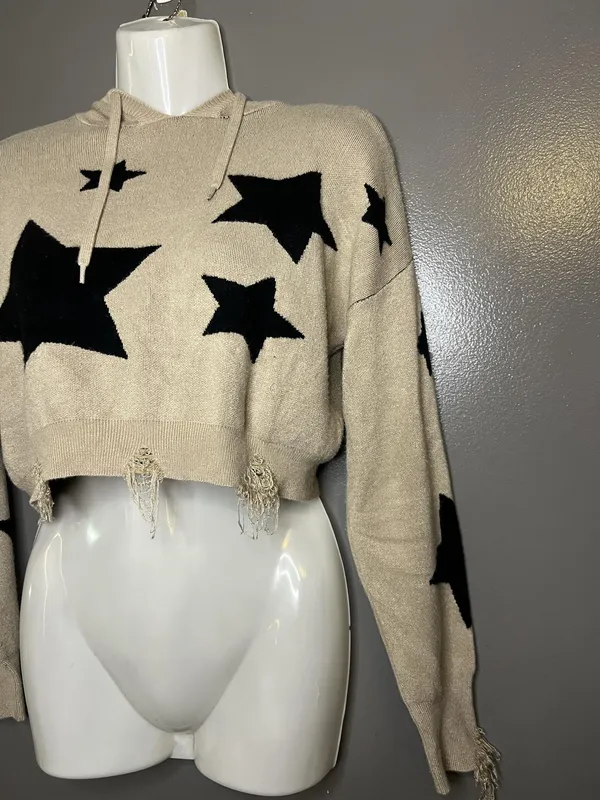 Social Collision Sweater Womens Sm/Med Beige Star Hooded Distressed Cropped - Image 4