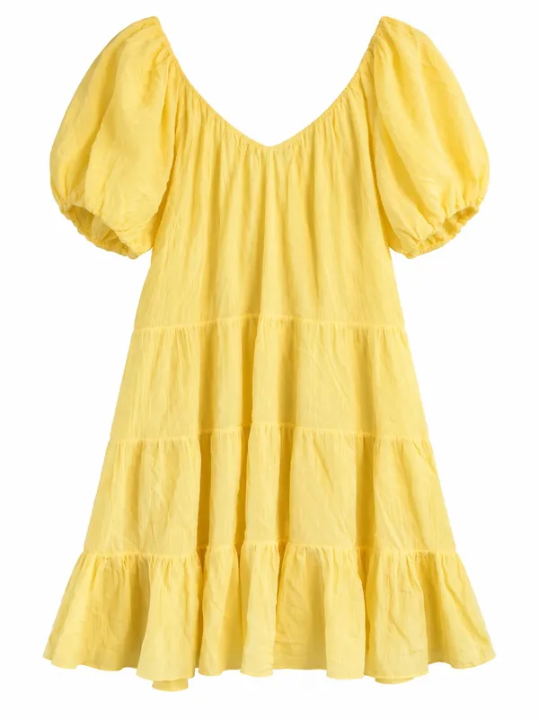 Rebecca Taylor Tiered Silk Cotton Puff Sleeve Dress Womens XL Yellow - Image 3