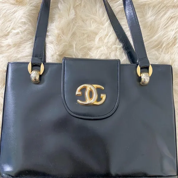 Vintage Black Leather Gold Clasp Interlocking CC Top Handle Satchel Bag Nancy's - Image 3