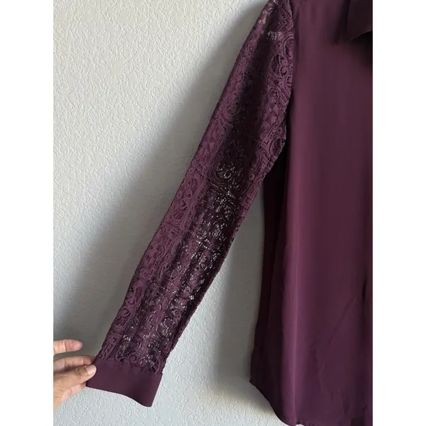 Ann Taylor LOFT Plum Burgundy Lace Sleeve Button Down Blouse Shirt Romantic Goth Witchy S - Image 5
