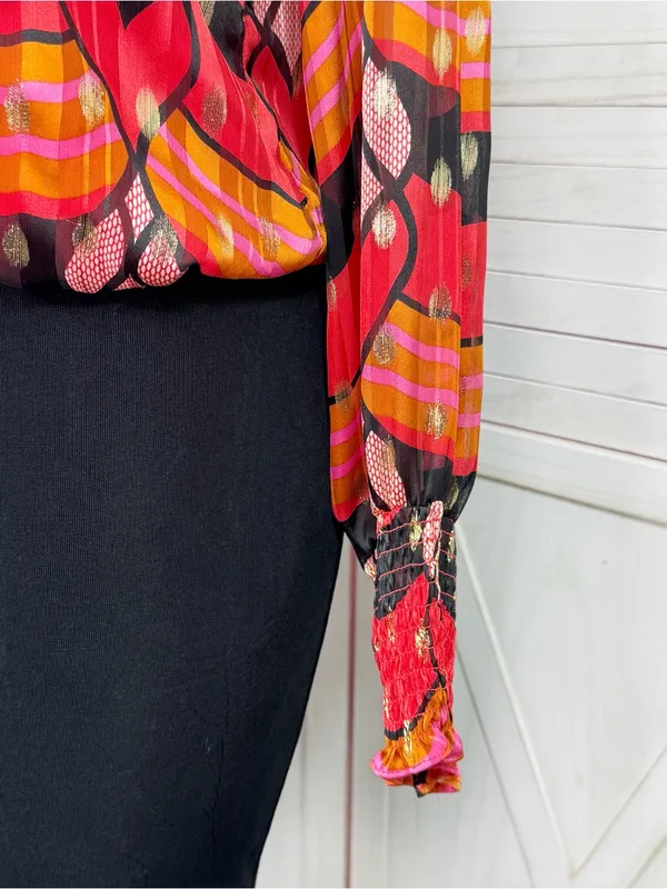 J Joie Printed Metallic Polka Dot Blouse Red Black‎ Pink Multi Large Smocked - Image 6