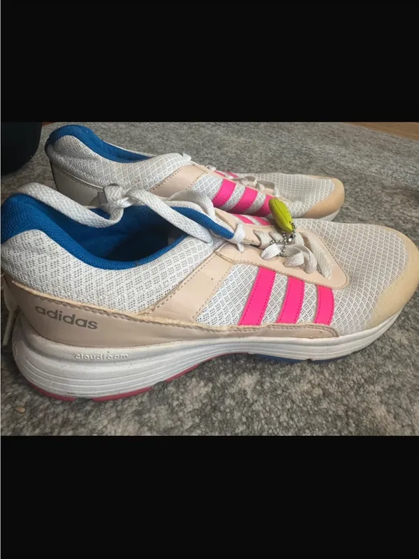 adidas Women White Sneakers with Pink Stripes and Blue Collar - Image 4