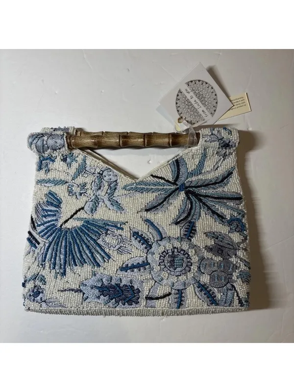 Beaded Floral Pink & White Handbag with Bamboo Handle India handmade NWT - Image 12