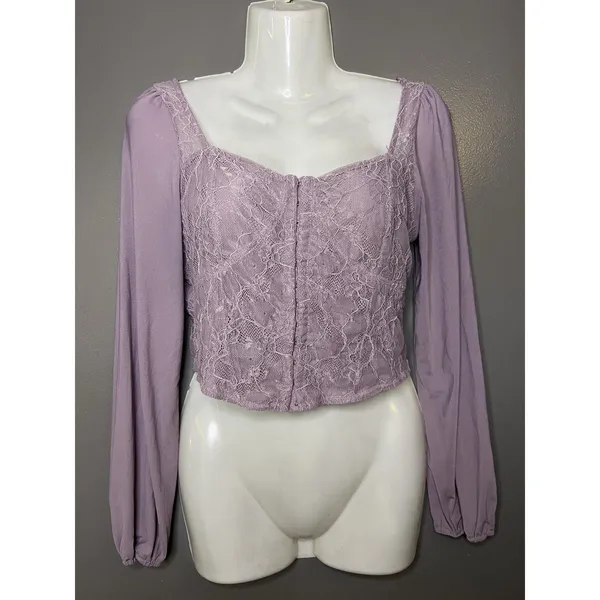 Kirious Blouse Womens Medium Purple Lace Square Neck Long Sleeve Cropped Top - Image 2