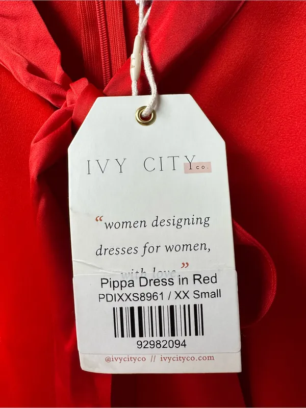 Ivy City Co. Pippa Long Sleeve Tie Bow Neck Knee Length Dress Satin Red XXS NEW - Image 9