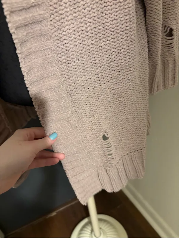 aerie Blush Mauve Open-Front Knit Chenille Cardigan with intentional distressing - Image 2