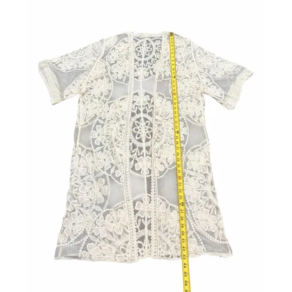 Kimono Duster‎ Womens Small Ivory Sheer Lace Embroidered Open Front Boho Fairy - Image 4