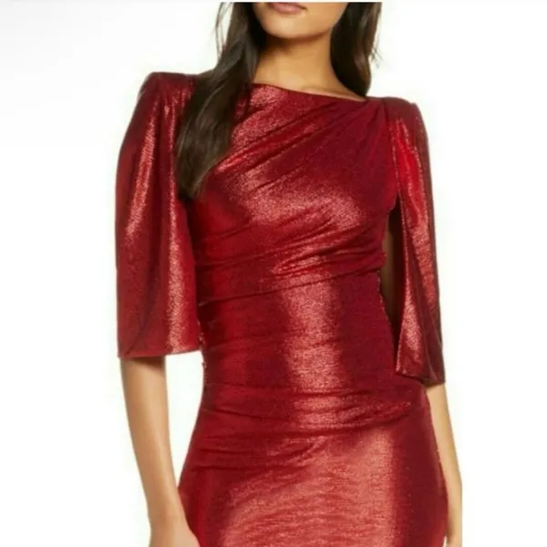 Eliza J Cocktail Dress Capelet Sleeve NWT Ruched‎ Sparkly Red Draped Back Size 8 - Image 4