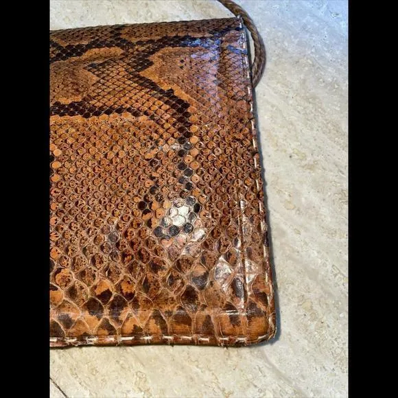 VTG Brown Python Snake Skin Leather Envelope Clutch‎ Handbag Purse - Image 12