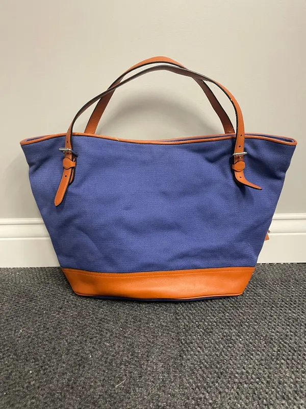 Lauren Ralph Lauren navy blue womens canvas tote satchel brown faux leather - Image 2
