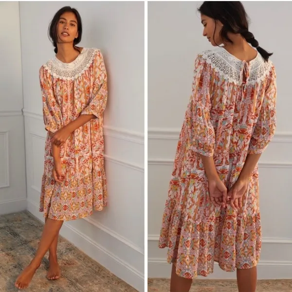 Anthropologie Lounge Dress Florence Floral Lace XS Boho Tiered Puff Sleeve - Image 2