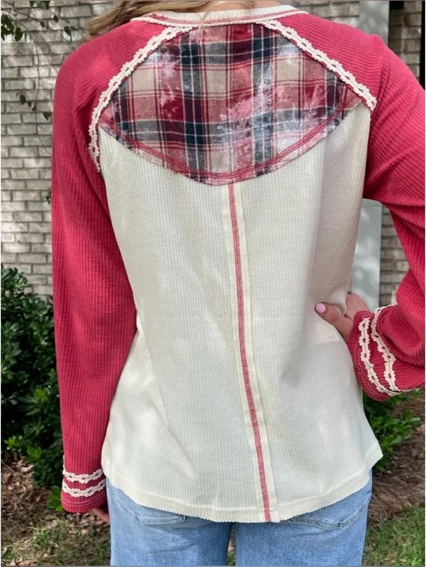 NWT POL Varsity Waffle Knit Raspberry # Thermal Plaid Patchwork size medium - Image 2