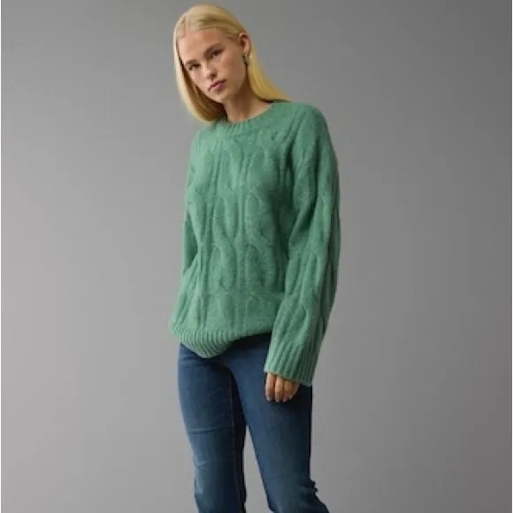 American Eagle‎ Outfitters Cable Knit Sweater Green Oversized Relaxed Fit Size M - Image 6