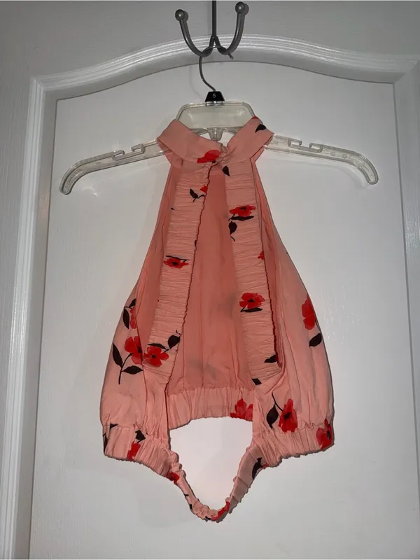 Zara Peach Halter Crop Top with Red Floral Accents - Image 3