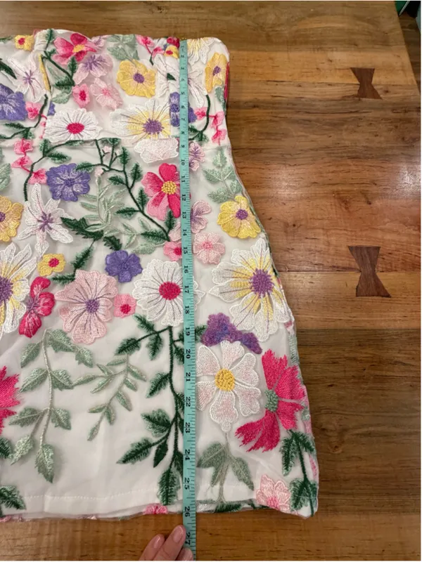 Floral Embroidered Lace Mini Dress Size S Strapless Colorful Mesh Overlay Weddin - Image 13