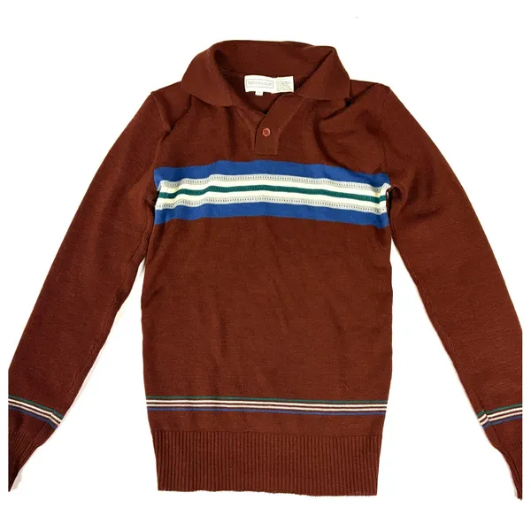 Vintage Falcon Court Burgundy Striped Knit Polo Sweater Brown Blue Green M - Image 7