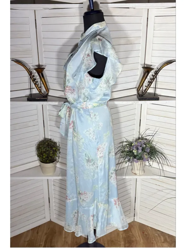 Ralph Lauren floral blue midi dress chiffon flutter sleeves cottage fairy boho 6 - Image 4
