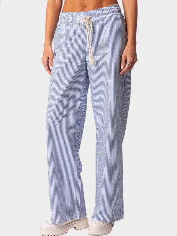 Edikted Blue & White Pinstripe Wide Leg Drawstring Pants 100% cotton - Image 2