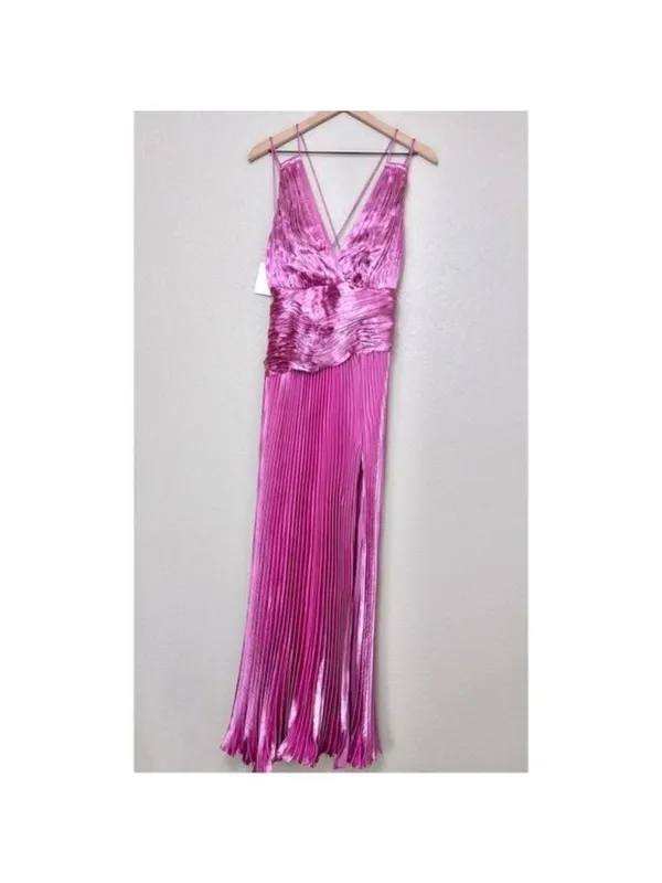 NWT AiiFOS Vera Pleated Metallic Gown 8 Pink Magenta Plisse Ruched Slit Formal - Image 5