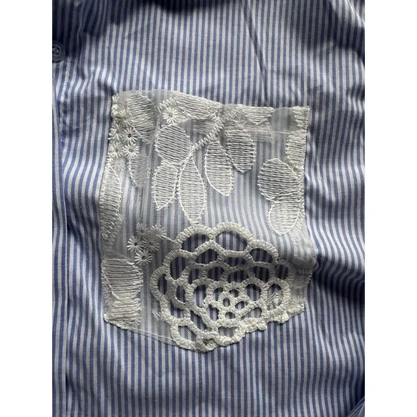 Womens Blue White Striped Button Down Blouse Lace Back Pocket Size XL - Image 6
