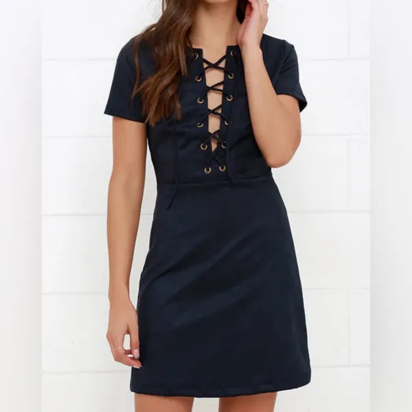 Lulus Closet Renovation Suede Lace-Up Fit & Flare Navy Blue Mini Dress Size‎ XS - Image 13