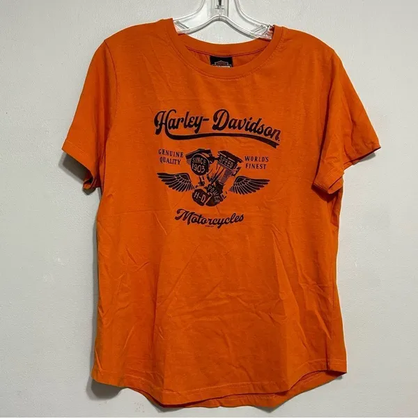 Harley-Davidson Shirt Womens Medium Orange Graphic Tee Crew Neck Casual Biker‎ - Image 8