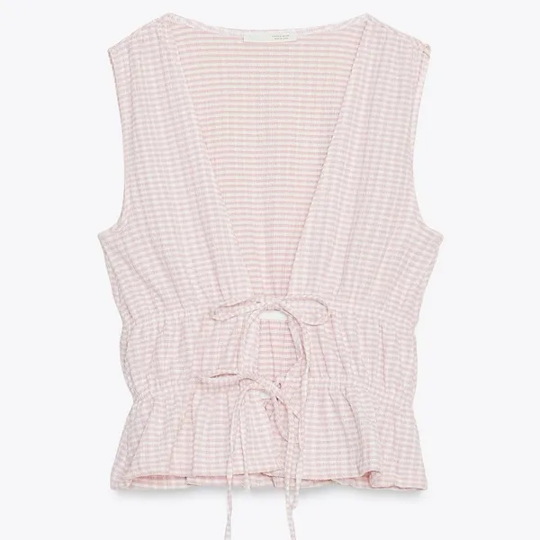 NWT Zara women’s Pink Gingham Tie-Front Top medium - Image 6