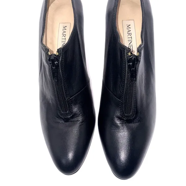 Vintage Martinez Valero Black Leather Front Zip Pumps Heels Spain 80s 90s7.5 B - Image 4