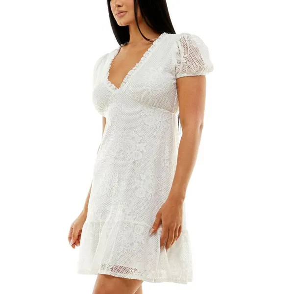 NWT Speechless Lace Ruffled Lined Pullover Pouf Sleeve V Neck Dress S Off White - Image 3