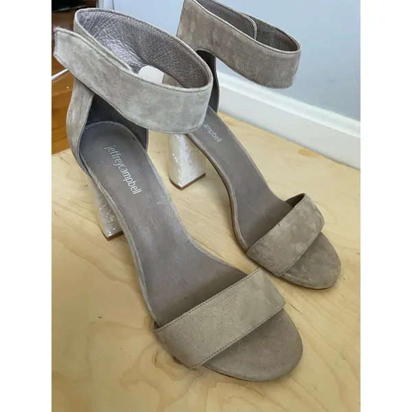 Jeffrey Campbell Lindsay Heels 3.5" sz 10 Suede Leather Nude Lucite Sparkle Heel - Image 8