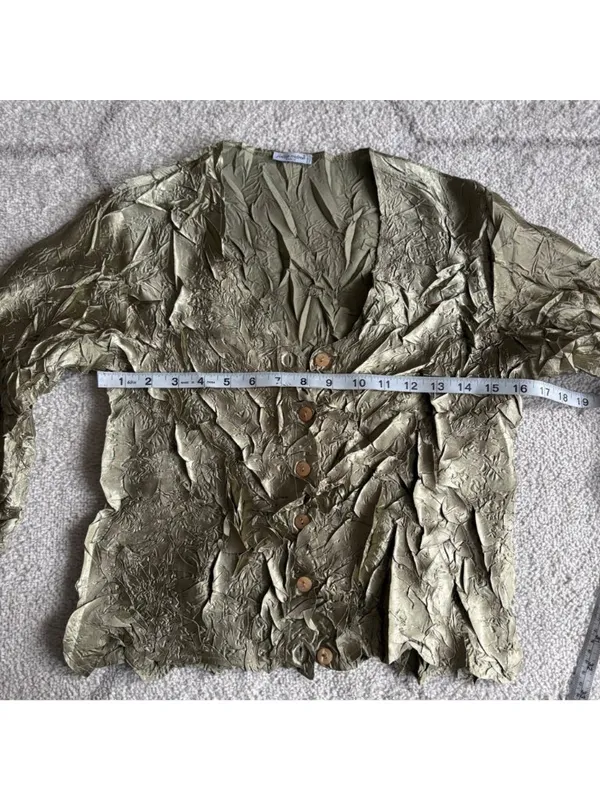 Jolie Mine Paris Olive Green Crinkle Blouse Button Front Long Sleeve Artsy - Image 4