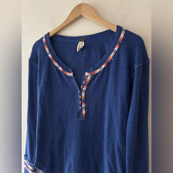 We The Free Royal Blue Rainbow Thermal Henley Long‎ Sleeve Top - Image 6