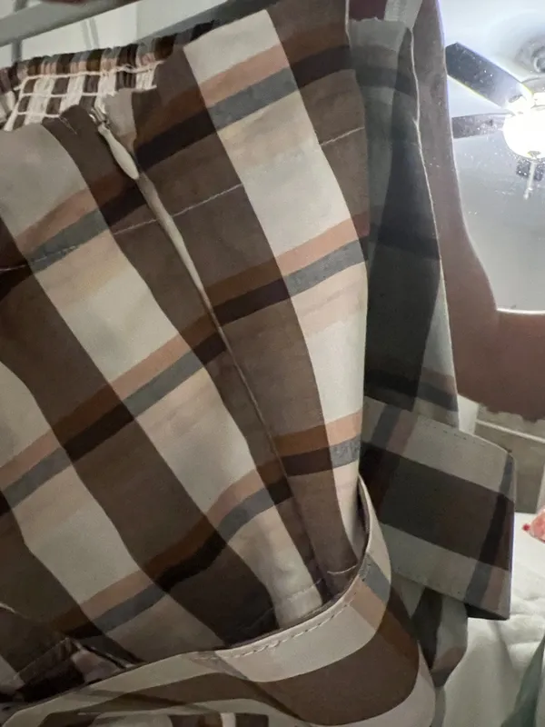 Maeve Strapless Gingham Midi Dress with Belt in Brown and White - Image 5