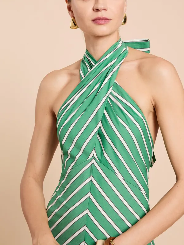 Few Moda o.p.t Green Size M Noelle Stretch Cotton Halter Long Striped Maxi Dress - Image 3